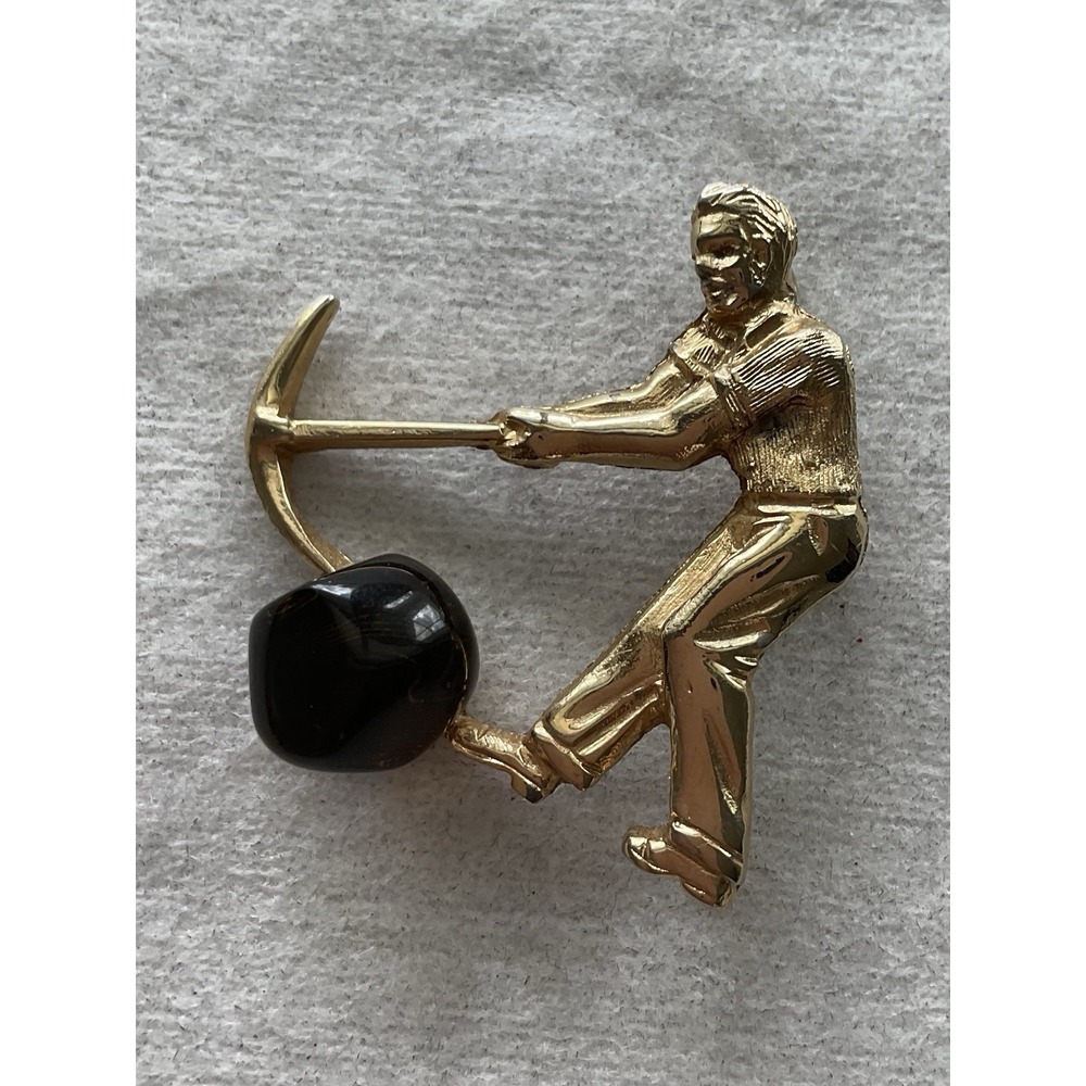 vintage gold-tone brooch miner holding a pickaxe Gemstone Coal Estate Jewelry